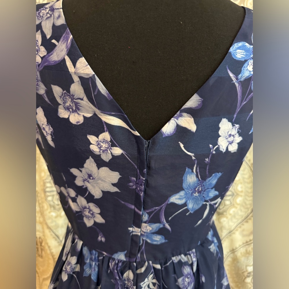 Danny & Nicole Navy Blue Floral Fit & Flare Dress Petite 6P Wedding Guest - Picture 5 of 7